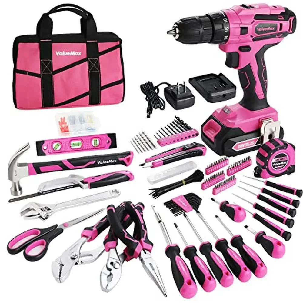 Home Tool Kit with Drill 238-Pieces Pink Set 20V Cordless Power Set Wide Open Storage Ideal Home Maintenance and Repairs Durable