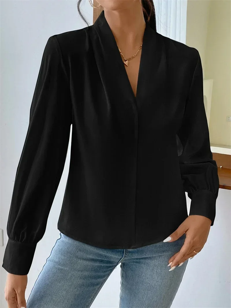 Autumn Long Sleeve V Neck Pullover Shirt Women Elegant British Style Commuter Tops Solid Color Comfortable Casual Female Blouse