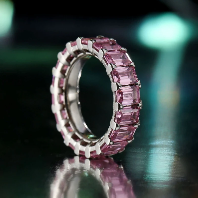

Emerald Cut Pink Carbon Diamond Ring 925 Sterling Silver Party Wedding Band Rings for Women Men Engagement Promise Jewelry