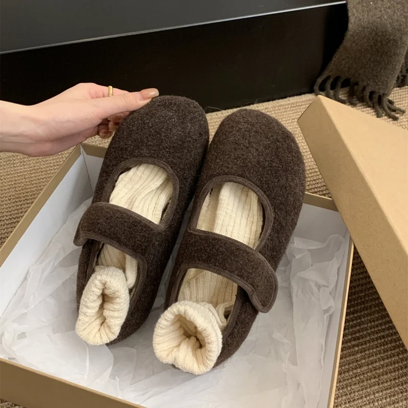 Herbst-Winter-Damen-Mary-Jane-Flats mit Fleece-Futter, flauschige Wollschuhe mit Klettverschluss, rutschfeste, weiche Sohle, warme, bequeme Alltagsschuhe. – Detail 5