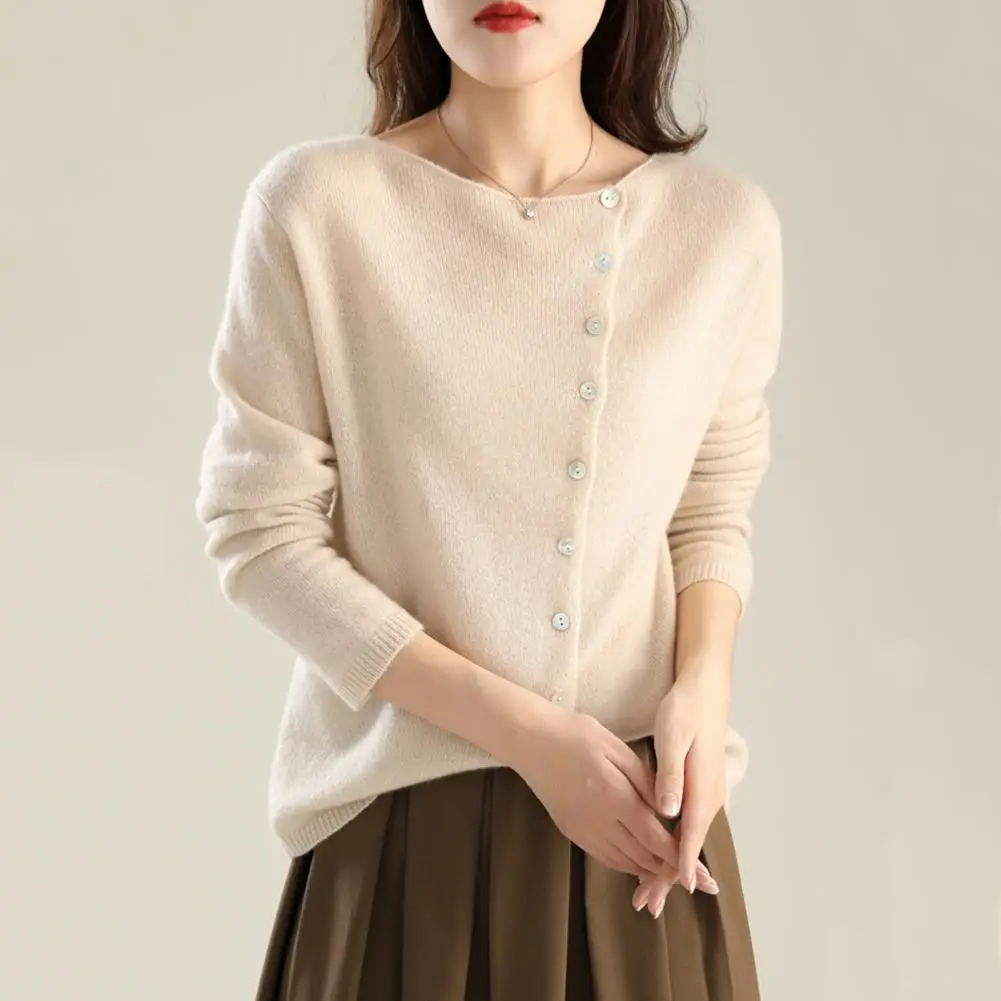 Knitting Cardigan Women Long Sleeve Round Neck Casual Knit Blouse Solid Color Single-Breasted Fitted Stretchy Tee Knit Sweater