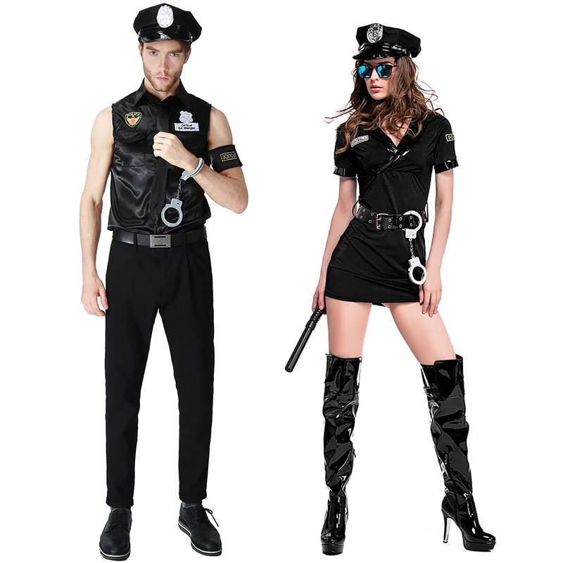 

Sexy Couples Black Cop Costumes Halloween For Women Men Game Stage Bar Police Costume Cosplay