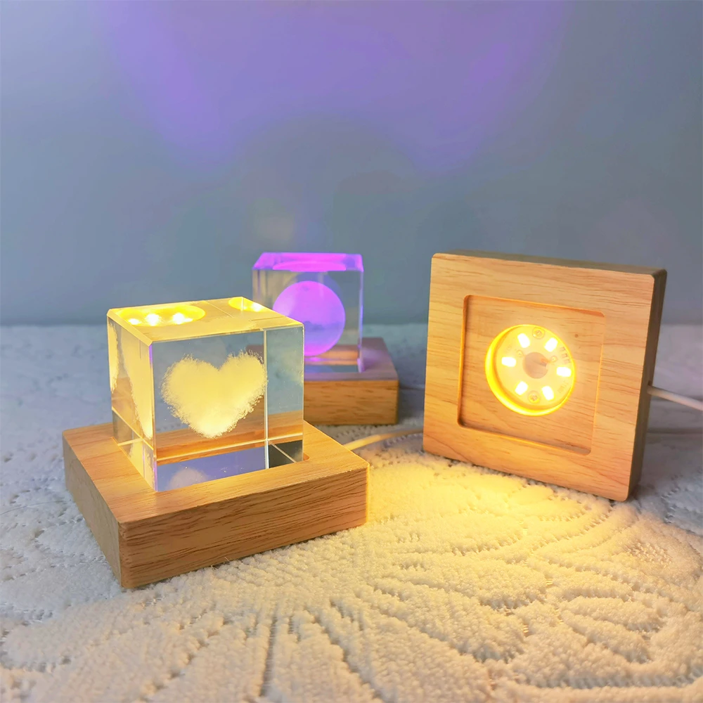 Wooden LED Light Dispaly Base Crystal Glass Resin Art Ornament Wooden Night Lamp Base LED Light Display Stand Home Decor