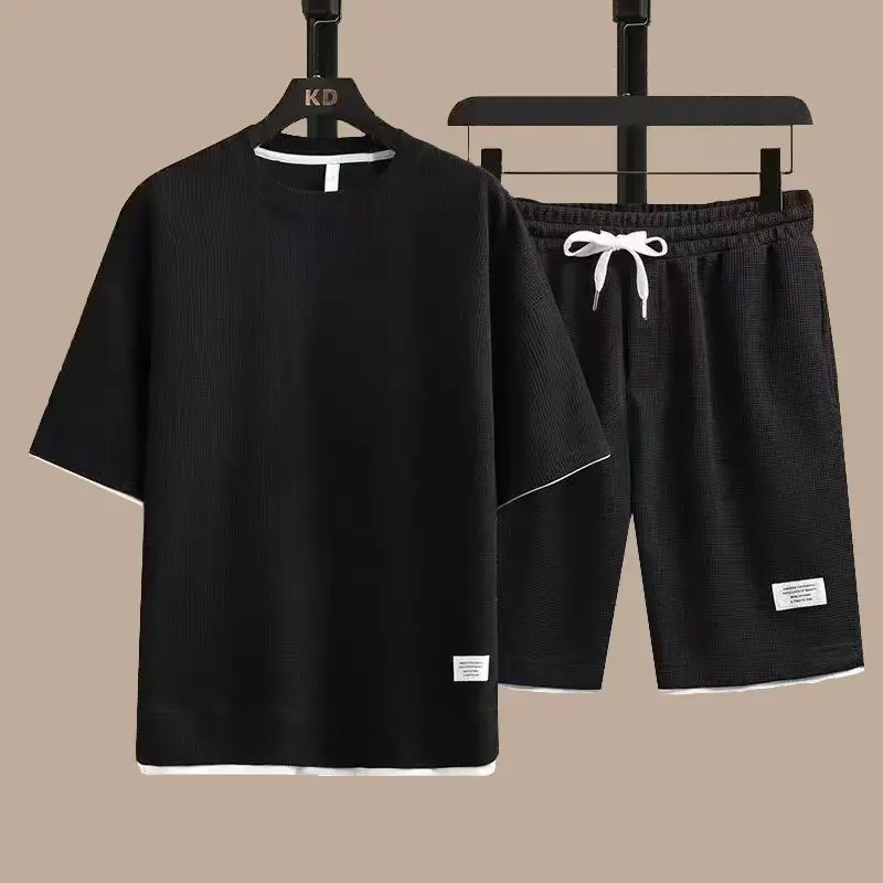 2024 gentleman New Summer Round Neck Short Sleeve Men Casual Sports Set Loose T-shirt Shorts Waffle Style Clothing