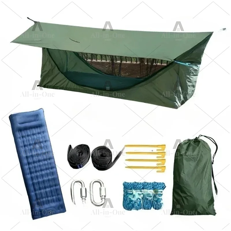 Outdoor camping garden swing hammock, equipped with inflatable mattress, mosquito net and waterproof tarp for outdoor use