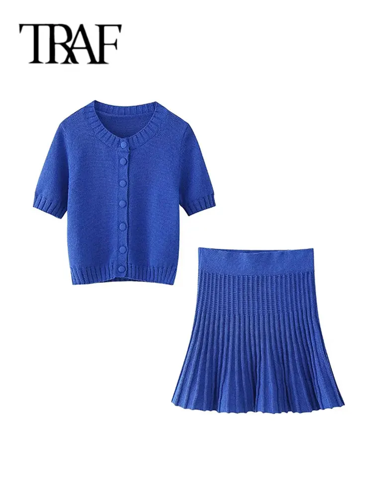 TRAF 2024 Knitted Pleated Mini Skirt Sets Women New Knitted Short Sleeves Top Women\'s Suit Two Piece Set Women Outfit