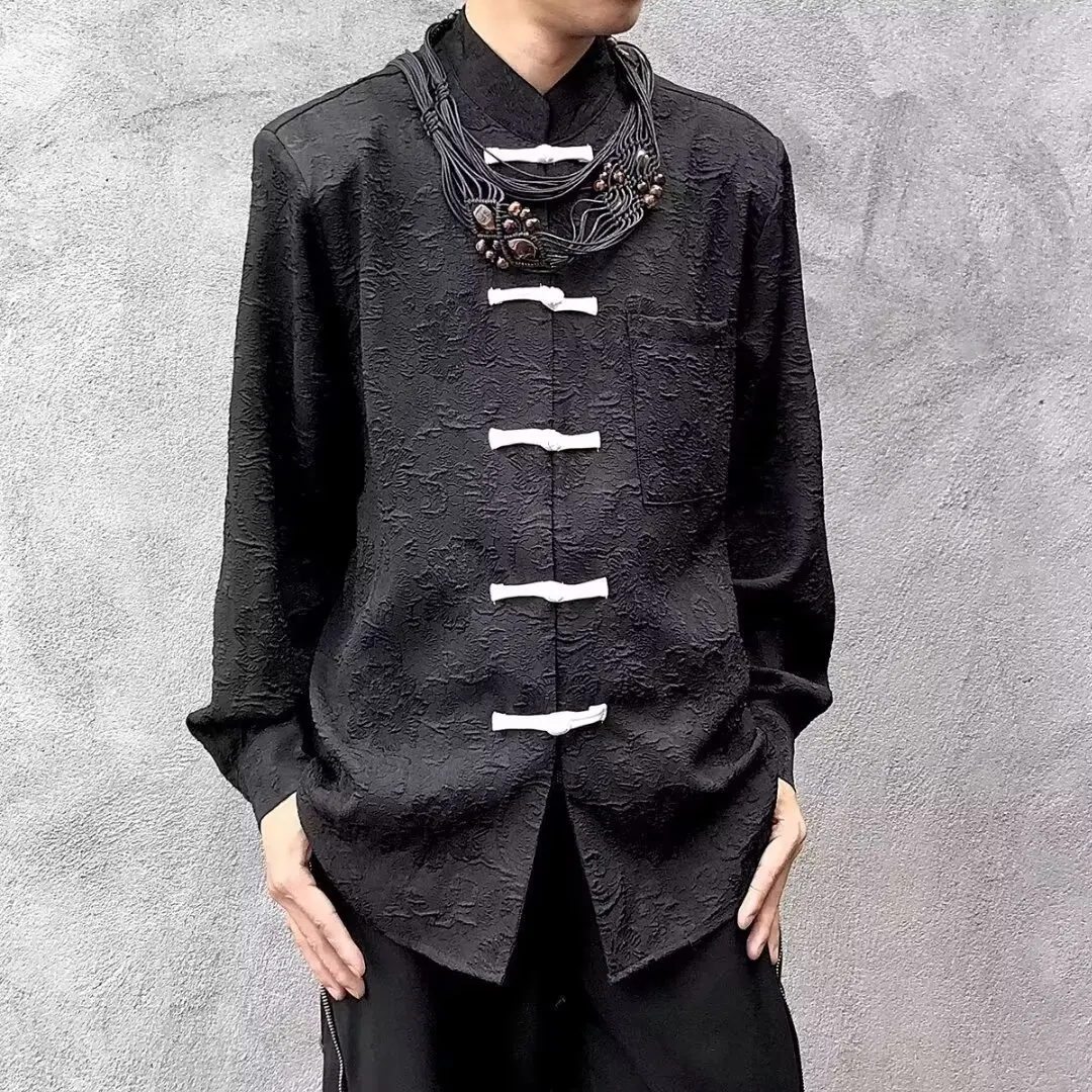 

Loose Fit Floral Embroidery irt Men's Spring Autumn Large Size 250 Pou Traditional Chinese Sle Stand Collar Artistic S...