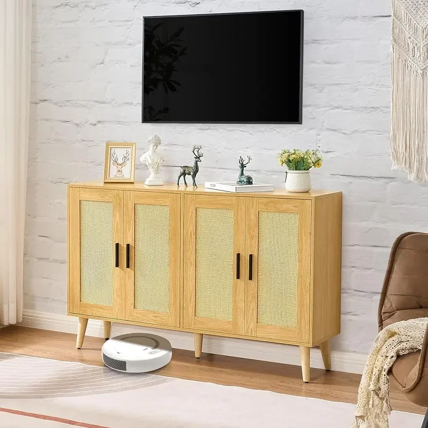 Sideboard Buffet Cabinet with Double Doors and Adjustable Shelves, Boho Floor Storage Cabinet, Accent Cabinet, Natural