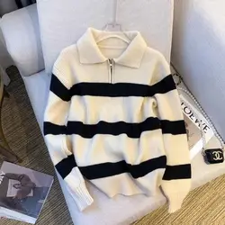 Women Clothing Loose Vintage Polo Collar Striped Sweaters Spring Autumn Fashion Korean Version Zipper Knit Pullovers Casual Tops