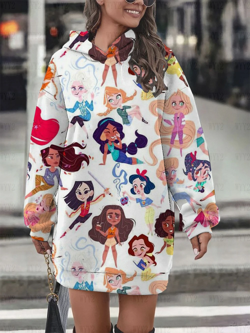 Autumn and Winter Disney Princess Family Portrait Print Women\'s Long Sleeve Pullover Hoodie Dress Elegant Party Birthday Gift