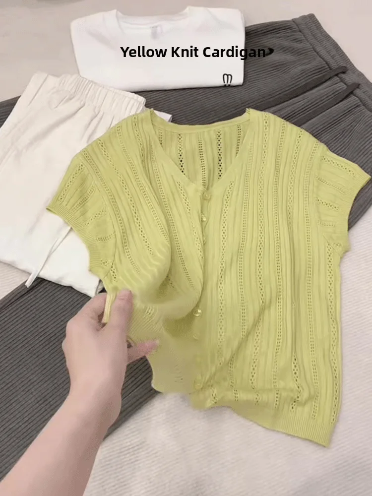 

Laid-ba Sle Дышащий вязаный кардиган с вырезами, летний ор Sve Commute, корейский повседневный универсальный элегантный топ для женщин