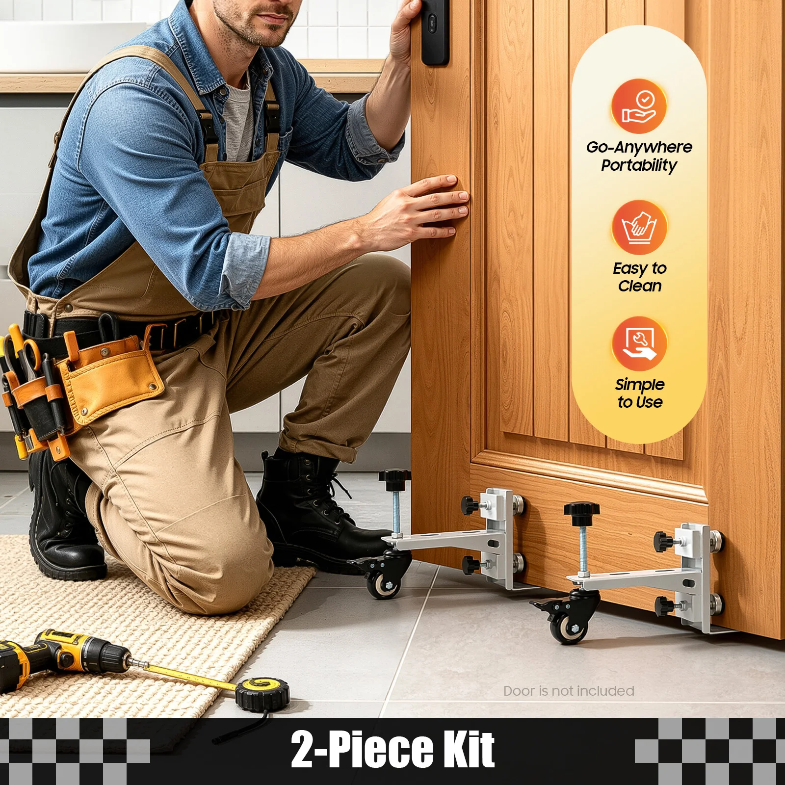 Door Installation Kit, 4 Secure Fixers, Iron Door Lift Bracket, 300LBS Load Capacity, Fits 1.375-2.25in Door Thickness, Silver Quiet Wheels, 360° Swivel with Brakes for Stable Installation