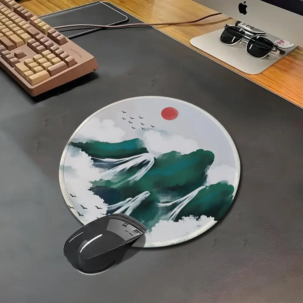Vintage Ink Painting Round Mousepad, Black White Mountain River Solitary Man Scenery Non Slip Mouse Mat, Oriental Desk Pad