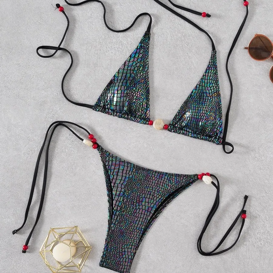 2026 New Women's Sequin Micro Bikini Set Sexy Backless Swimsuit Push Up Thong High Waist Swimwear Female Beach biquini