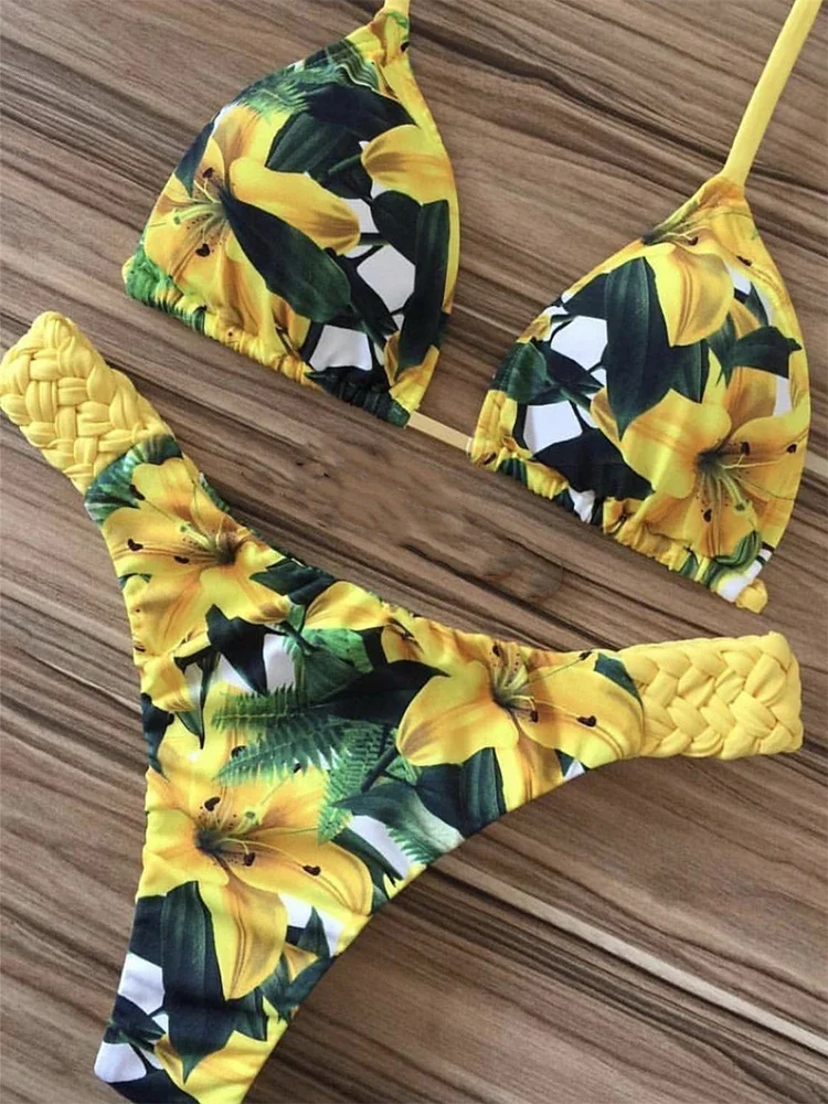 

Sexy Floral Print Bikini 2024 Fashion Summer bathers Bathing Suit Bandage Swimsuit Women Halter Bikini Set Two-piece Suit New