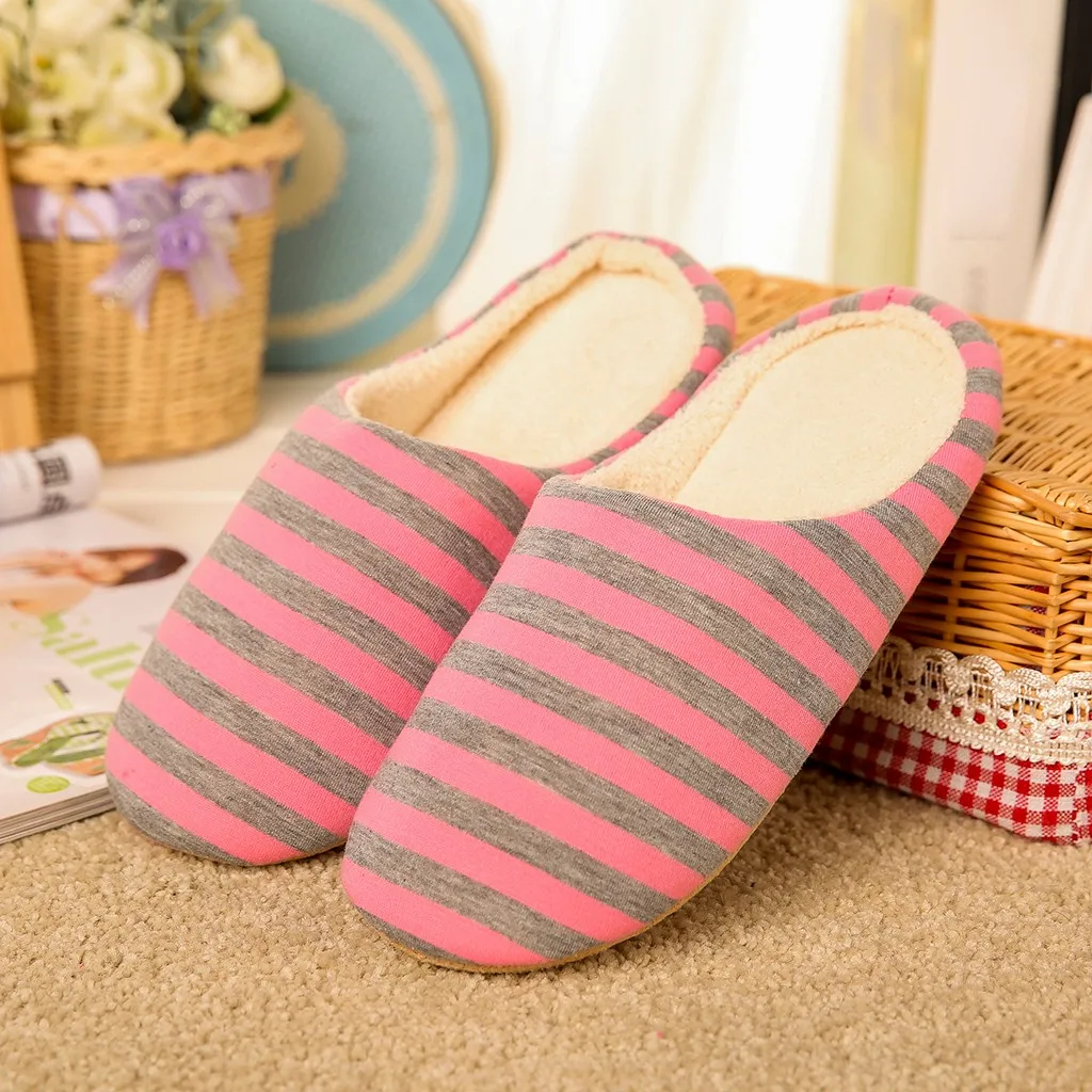 Women House Shoes 2024 Soft Striped Indoor Mute Cotton Slippers Non-Slip Slippers Warm Plush Unisex Comfort Home Floor Slipper