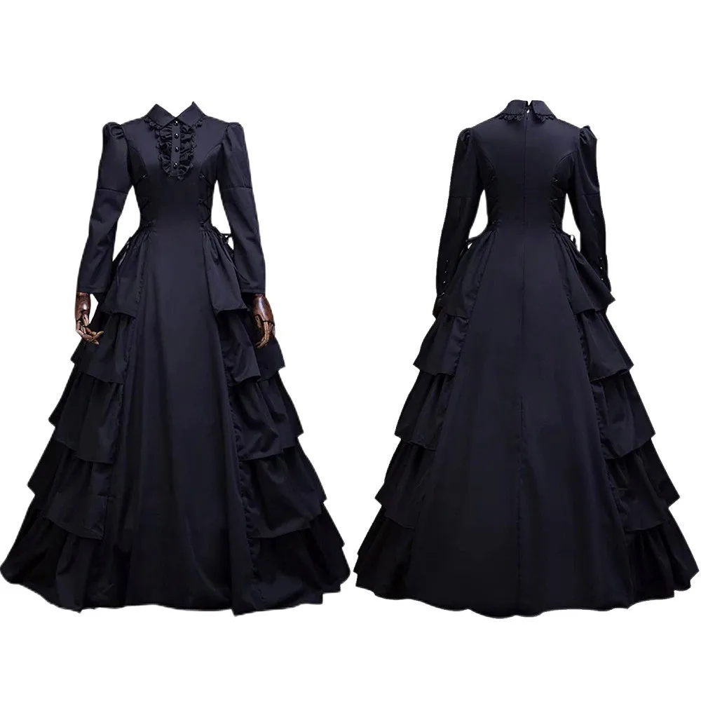 

Medieval Gothic Halloween Cosplay Retro Aristocratic Dark Style Costume Women's Elegant Princess Long Dress Stand Collar Outfit