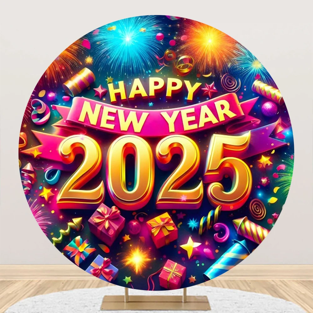 2025 Happy New Year Round Backdrop Cover Clock Firework Gifts Champagne Bell Family Party Circle Photography Background Decor