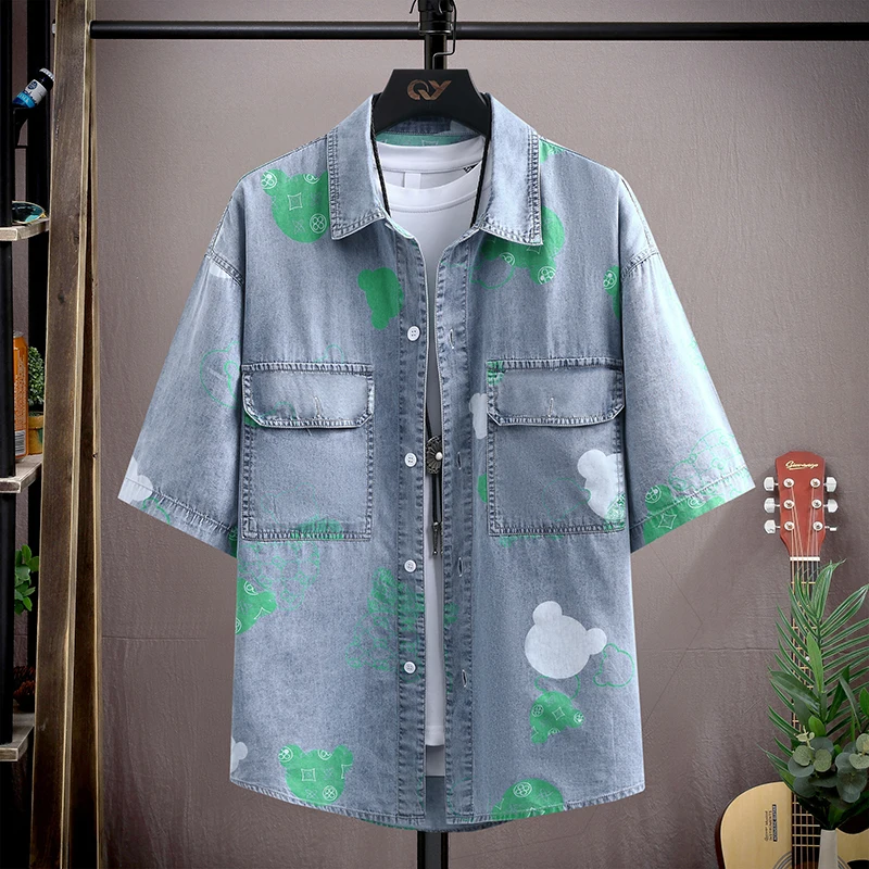 

2026 Summer new style mens Letter pattern denim shirts high quality fashion Casual slim fit denim shirt men full size M-3XL