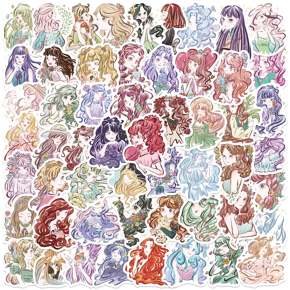 55pcs Anime Girl Illustration Stickers Decals For Phone Laptop Luggage Skateboard Scrapbook Aesthetic Stickers Girls Gifts