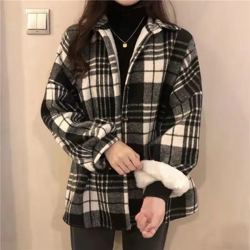 New Vintage Harajuku Thick Plush Warm Plaid Shirts Women Autumn Winter Loose Long Sleeve Casual Blouse Korean Y2k Tops NS5495