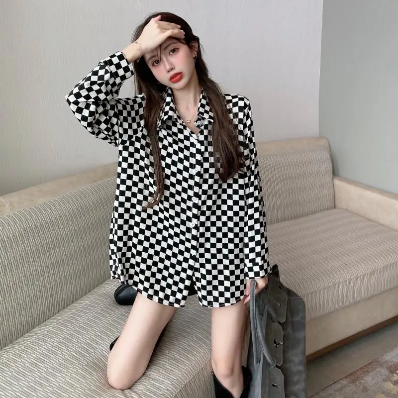 Autumn Women Black And White Plaid Blouse Retro Loose Lapel Long Sleeve Shirt Sexy  Casual Streetwear Woman Blouses