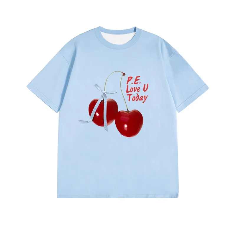 New Minimalist Bow Cherry 3D Printed Short Sleeved Unisex Casual Versatile Quick Drying Top Trendy