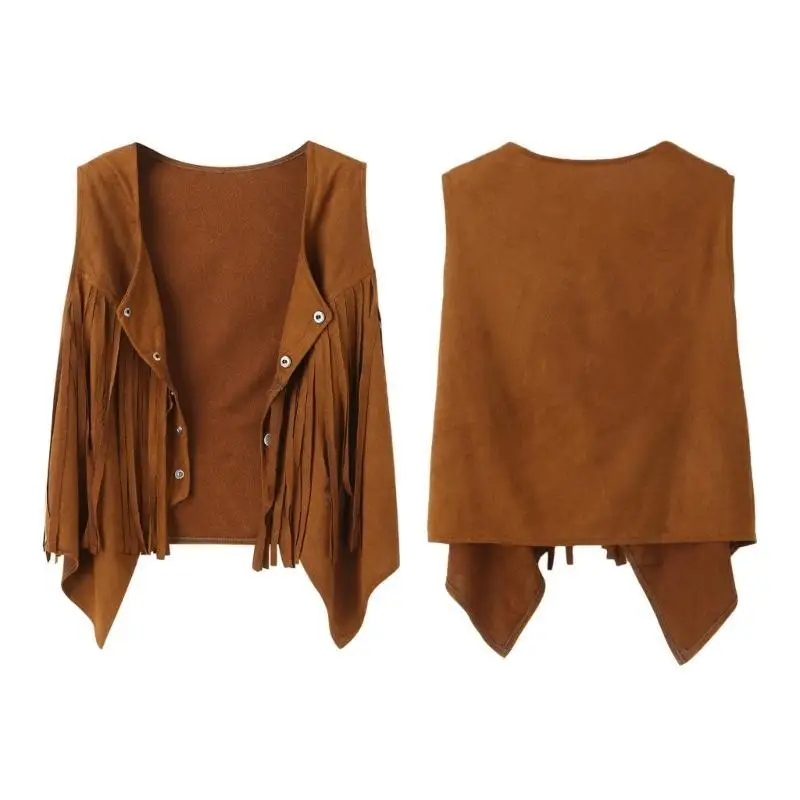 

652F Женский жилет с бахромой и пуговицами с кисточками, кардиган с открытой передней частью, жилет без рукавов, верхняя одежда