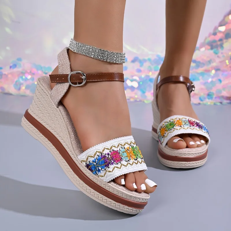 Sandalias de Mujer con Plataforma y Tiras en el Tobillo, Estilo Bohemio de Verano, Trenzadas, Vintage, con Tacón Grueso
