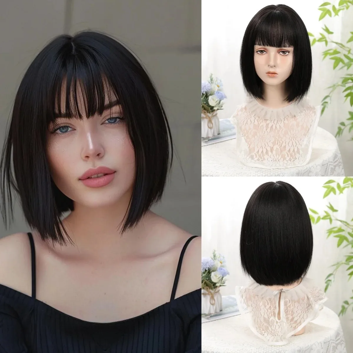 

Short Wine Black Synthetic Wigs Straight Hair Wig with Bangs Bob Hair for Women