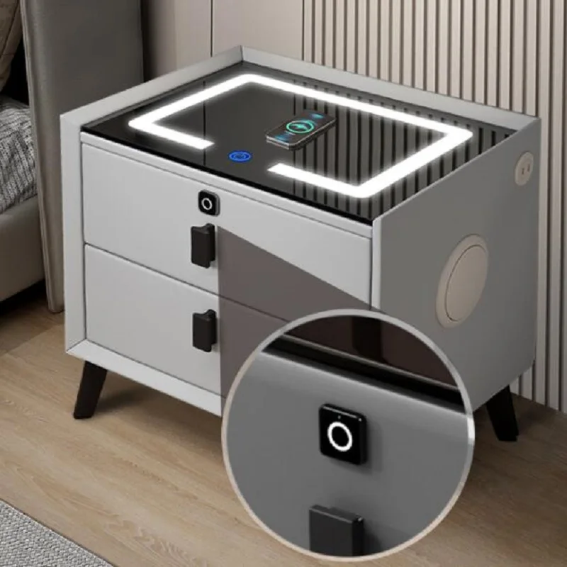 

Bedroom Bedside Table Locker Furniture Bedroom Glass Cabinet Wood Smart Bedside Table Simple USB LED Large Nightstand Modern