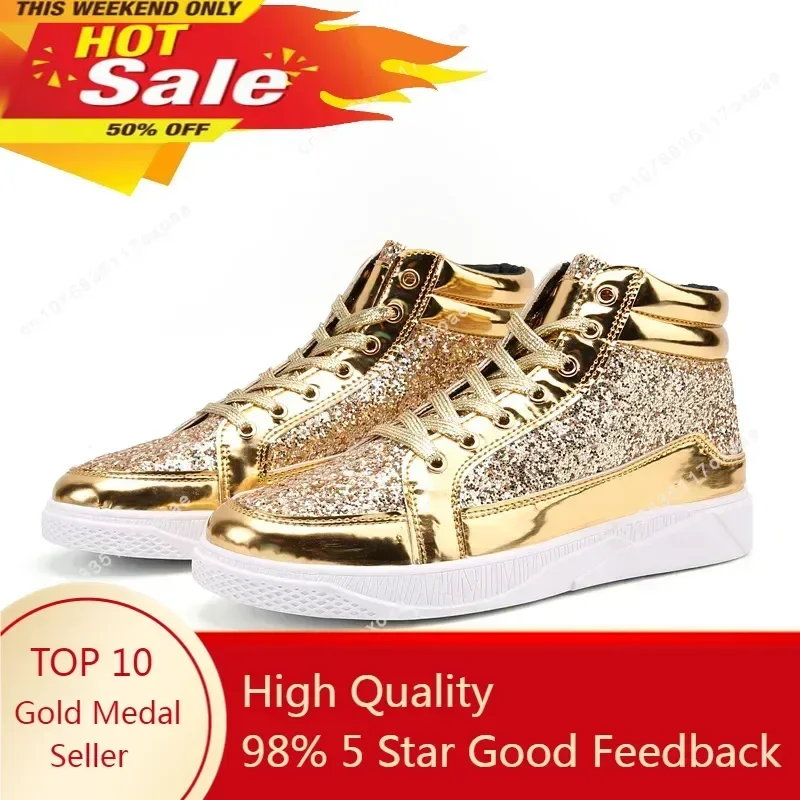 

Never Surrender Trump Golden Mens Shiny Mirrors Shoes Casual Club Bar Glitter Streetwear Hip hop Mens Sneakers zapatos de hombre