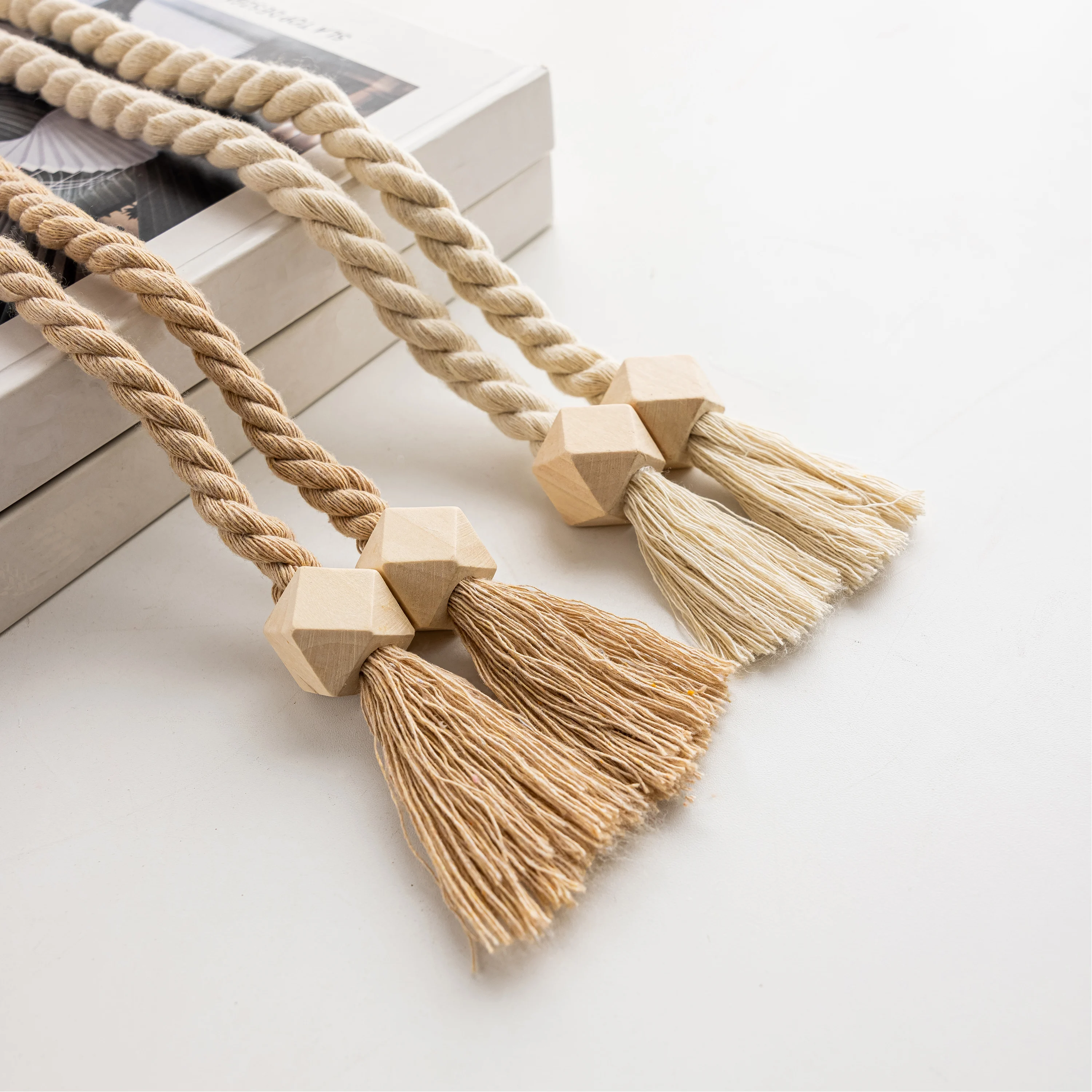 2 wooden bead designed curtain ties, Bohemian wooden beads paired with tassel design with magnetic curtain fasteners