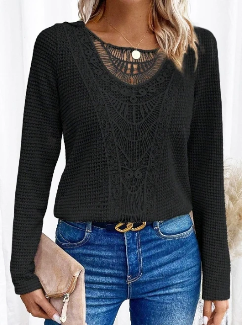 

Elegant Women's Top with Lace Patchwork Round Neck Long Sleeved Waffle T-Shirt Temperament Commuting Women's New Fashion T-Shirt