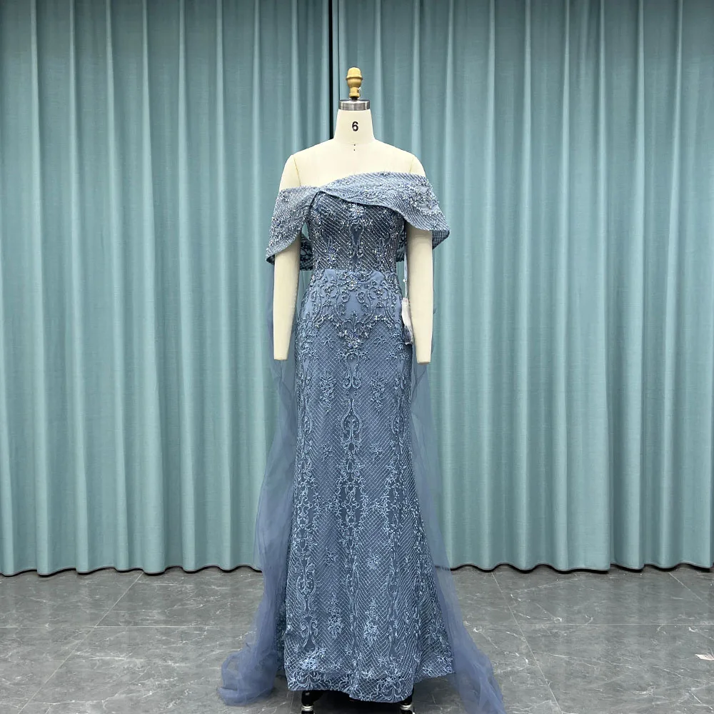 

YQLNNECouture Off Shoulder Crystals Beaded Evening Dresses Mermaid Blue Embroidered Gown