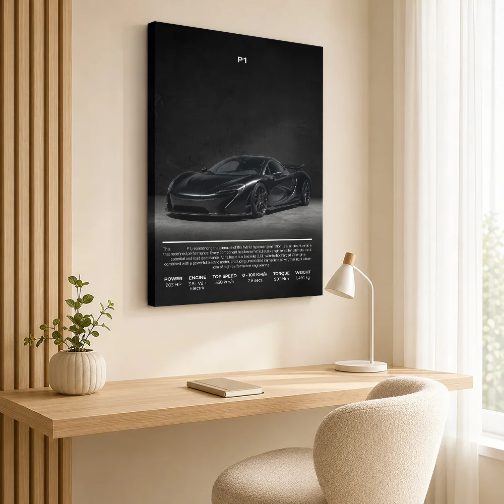 Sleek Black British P1 Hypercar Framed Canvas Poster Customized Photo Modern Minimalist Style Wall Art Garage Decor Driver Gift