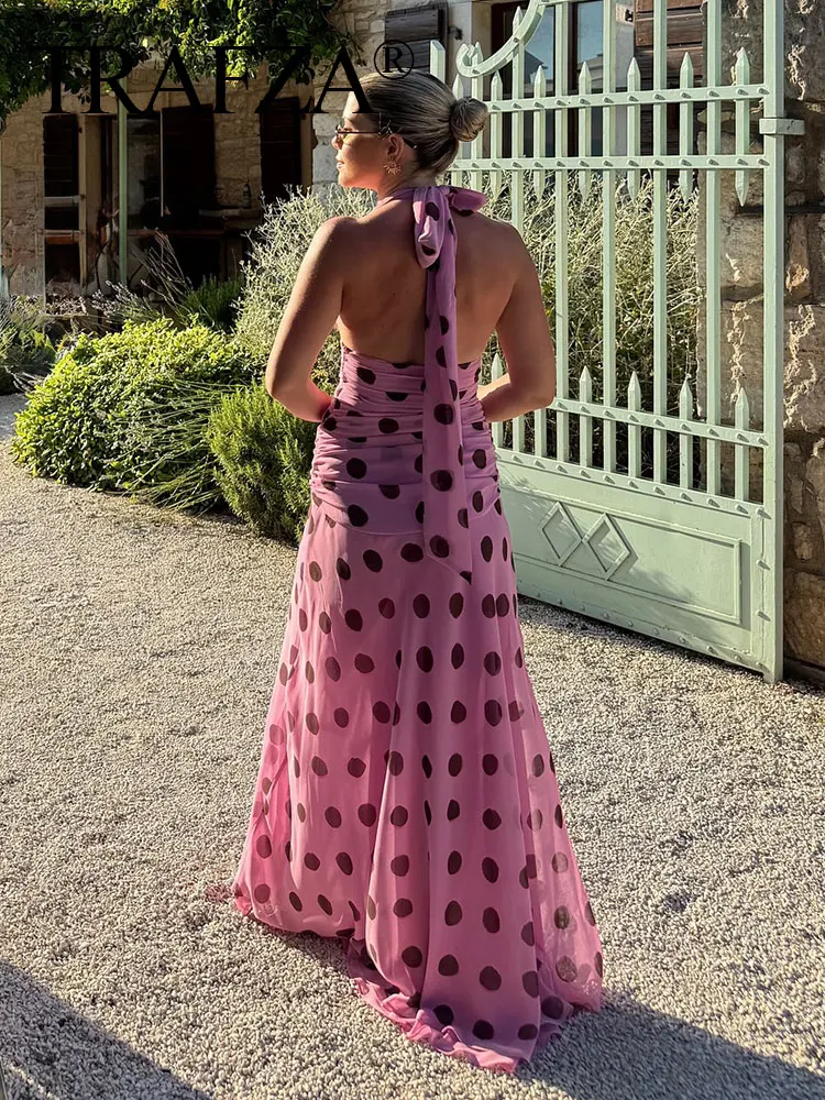 TRAFZA Summer Party Fashion Midi Dress Polka Dot Printed Sleeveless Halter Neck Strap Pleated Backless Female Sexy Dresses