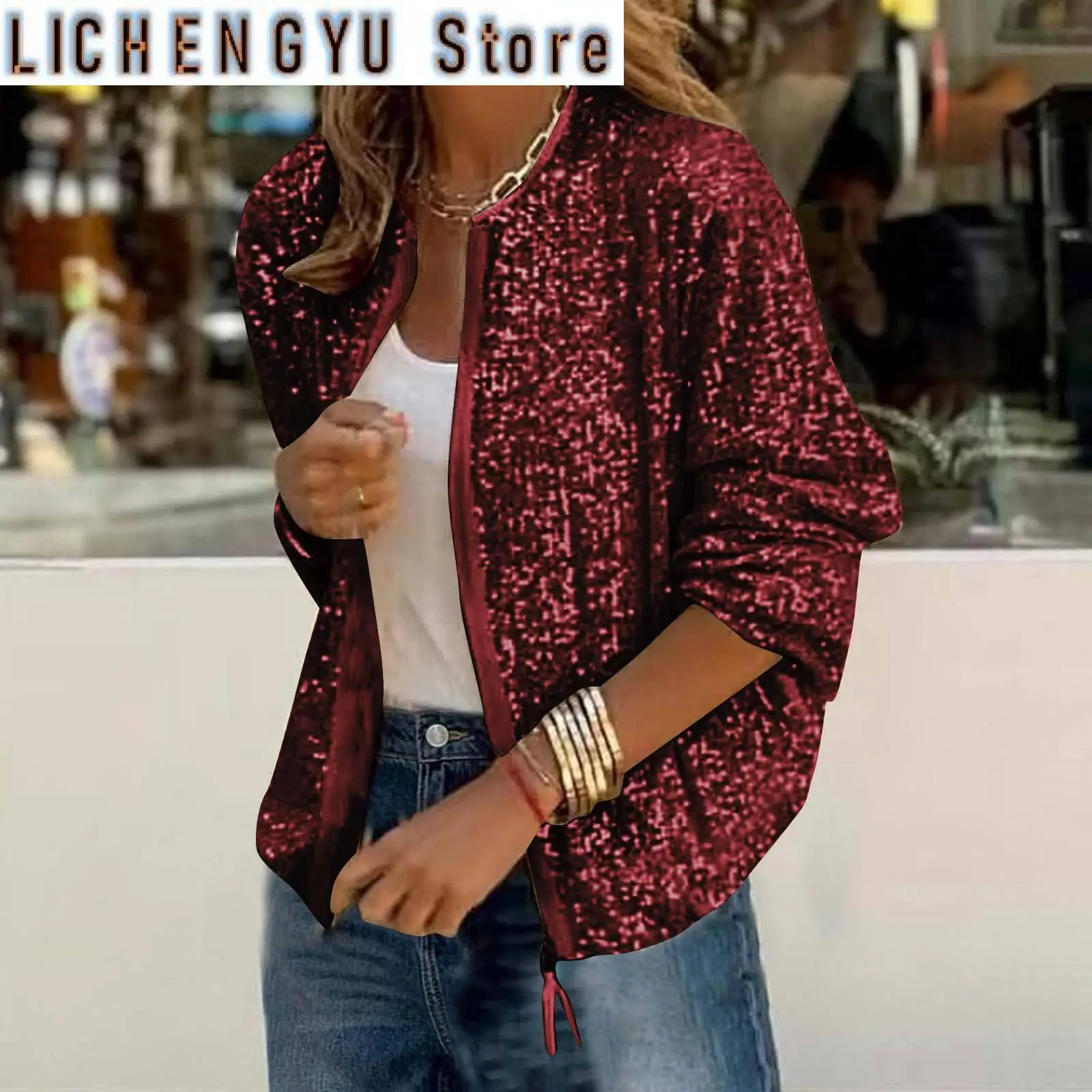 Jackets For Women Trendy Plus Size Women Autumn Spring Casual Glitter Sequins Long Sleeve Coat Commute Short Nuevo En Chaquetas