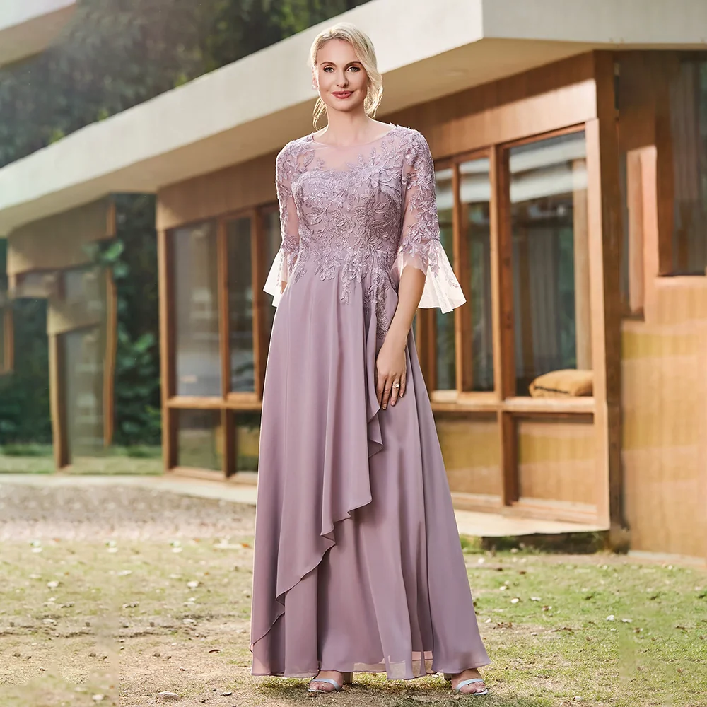 

Elegant Lace Applique Mother Of The Bride Dresses 2026 Chiffon Half Sleeve Evening Dresses A Line Purple Evening Gown Customized