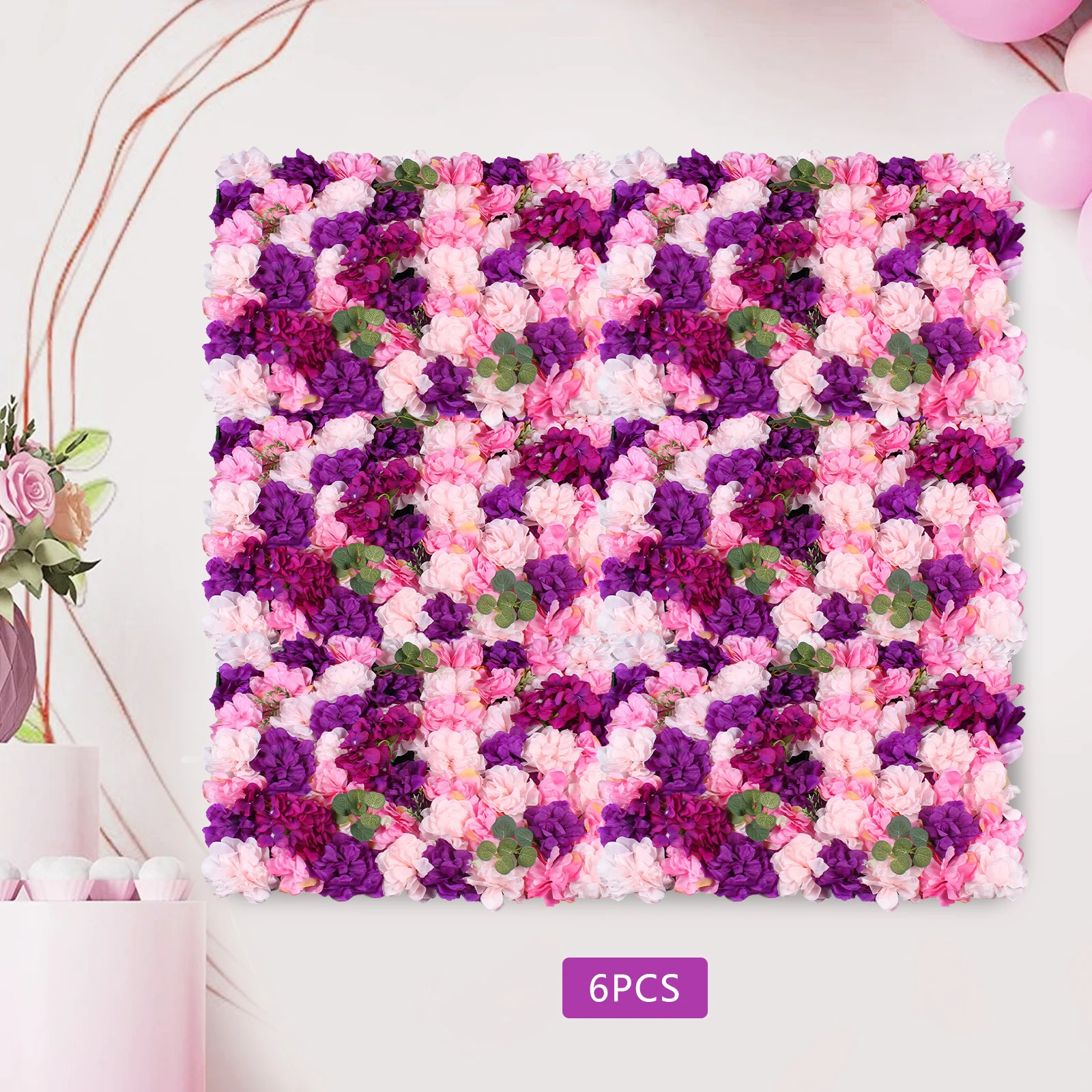 

6pcs Artificial Flower Wall Panel Set - Pink & Purple Dahlia,Hydrangea & Eucalyptus - Realistic Silk FlowersIndoor/Outdoor Decor