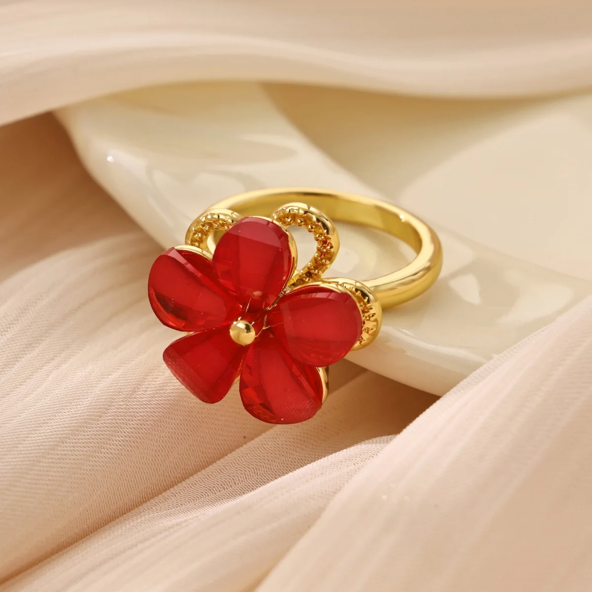 Niedlicher drehbarer Ring mit Blumenmuster aus Harz für Damen, goldfarben, Kupfer, drehbare Blume, offener Manschettenring, trendiger Party-Schmuck – Detail 10