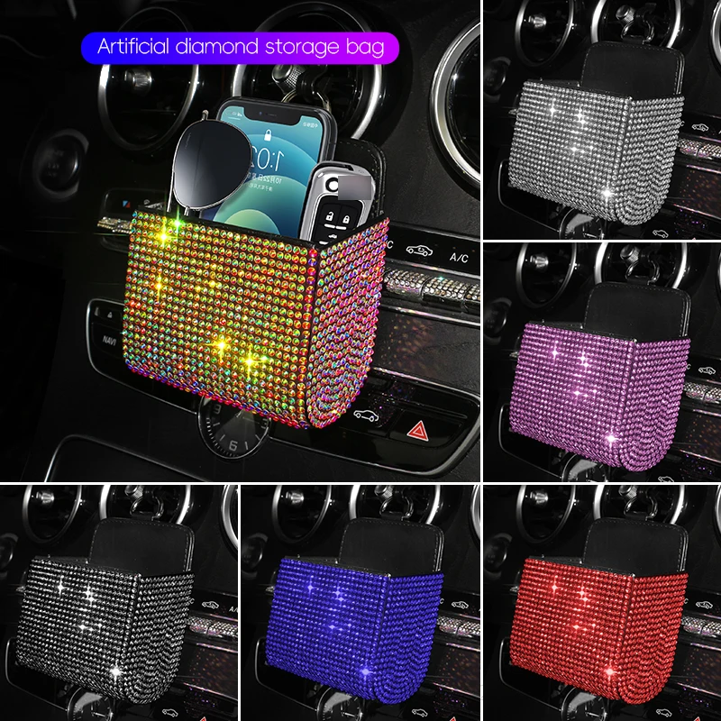 Bling Car Air Vent Storage Bag Organizer Pocket Sunglass Holder Auto Mount Phone Holder Coin Key Card Case Organizer Accessories