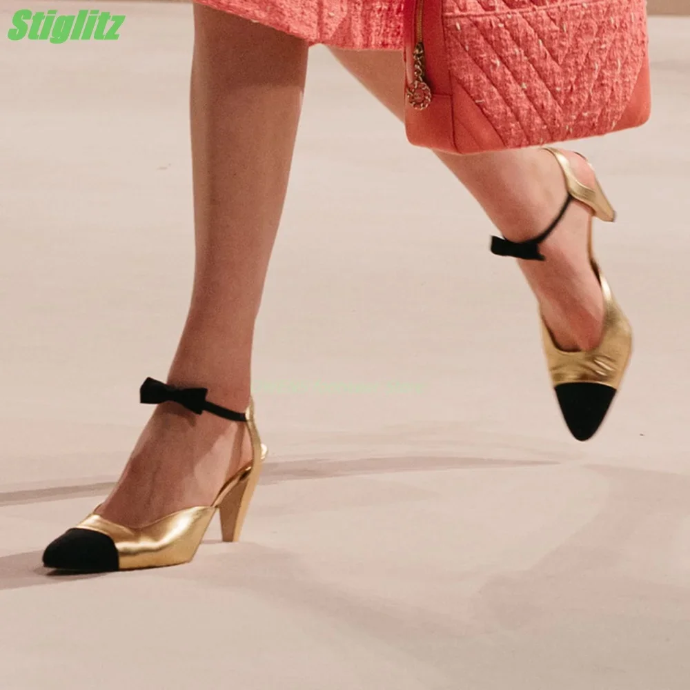 Splicing Bow Binding Sandals Pointed Toe Shallow Gold Fashion Women Shoes Special Heel Summer Spring Elegance Dress Leather Shoe