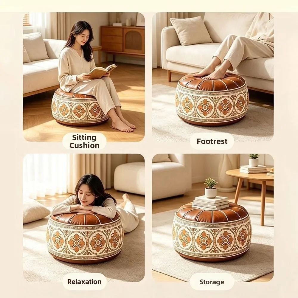 PU Leather Fillable Ottoman Pouf Round Shape Moroccan Style Storage Ottoman Embroidered Pattern Floor Seat Cushion Living Room