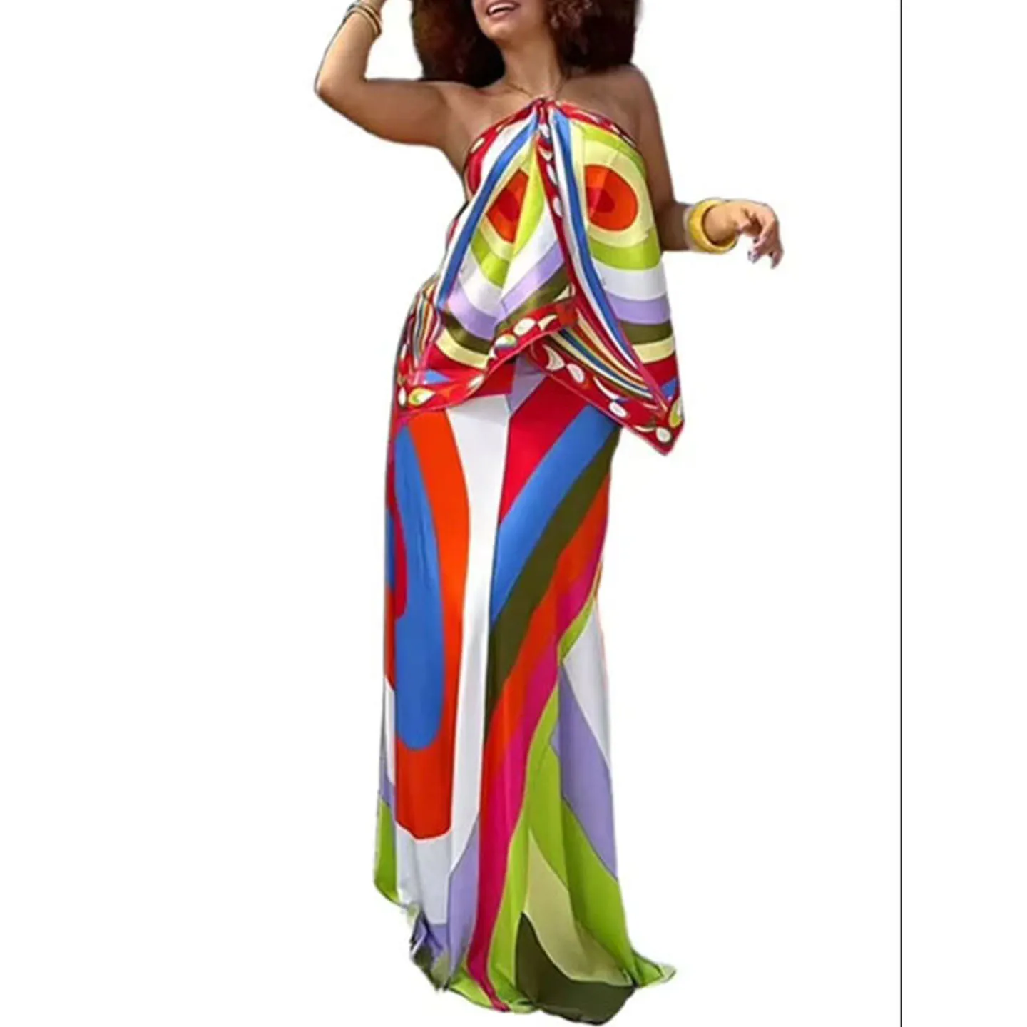 Beach Vaion Sle Midi Skirt Autumn New Arrival Women's High Waist A-Line Rainbow Color Blo Print Casual Polyester Fiber