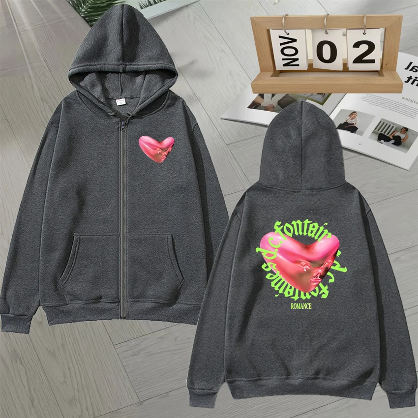 Fontaines DC Romance Dupla Face Impresso Zip Up Moletons Homens Mulheres Lã Manga Longa Solta Zíper Hoodies Unissex Outerwear