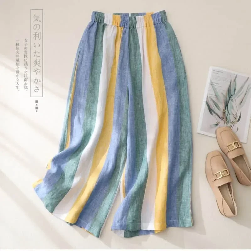

Pop Cotton Linen Pants Color Stripe Loose Casual Vintage Korean Style Harajuku Trousers Wide Leg Pants Women Clothing Baggy Pant