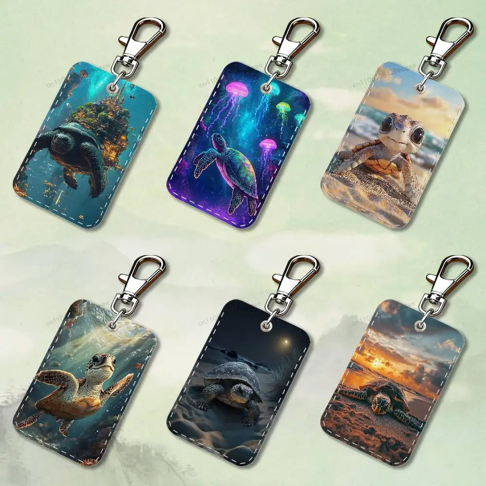 

Dreamy Art Turtle Rectangle Card Case Keychain Access Card Bag Key Tag Ring Leather Card Holder Key Ring Access