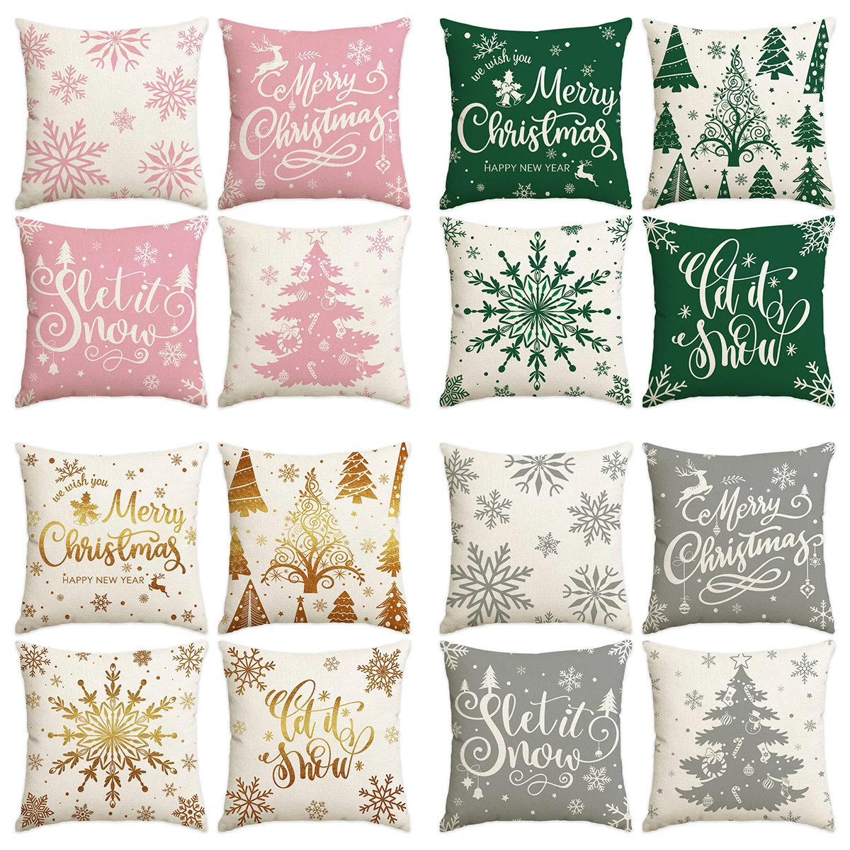Christmas Cushion Covers 4Pcs Throw Pillow Covers Snowflake Xmas Tree Print Sofa Home Christmas Holiday Decor