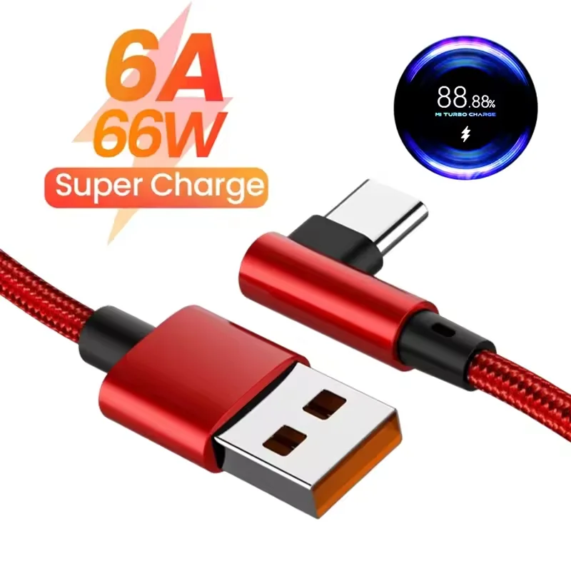 6A 66W USB-C-Kabel 90° °   Elbow-Schnellladekabel für Samsung Xiaomi Huawei OnePlus Android 0,25–3 m, geflochtenes Nylonkabel für schnelles Laden